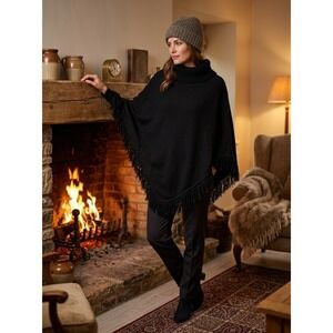 A.L.C. Women Poncho by US Sweaters Black Knit Fringe Poncho Turtleneck One Size
